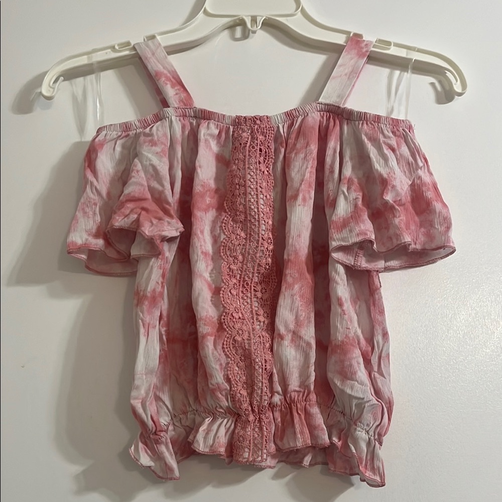Amy Byer Pink and white Tie-Dye Off or on the Shoulder Girls Top size L (14)